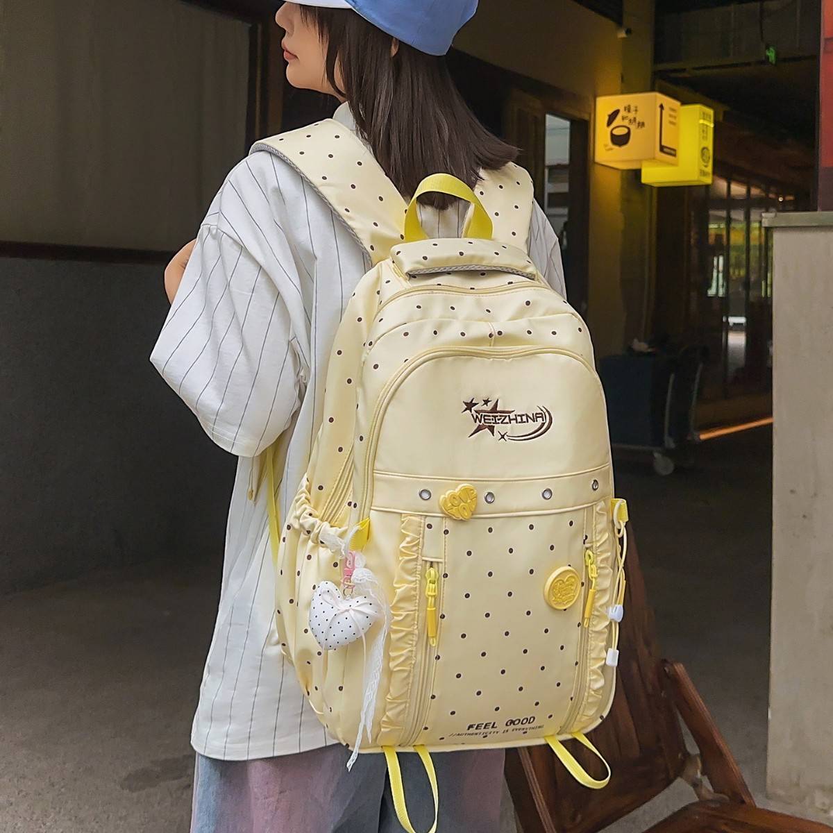 官方正品奶黄碎波点花纹甜美范儿女生背包木耳边设计学生党上课百