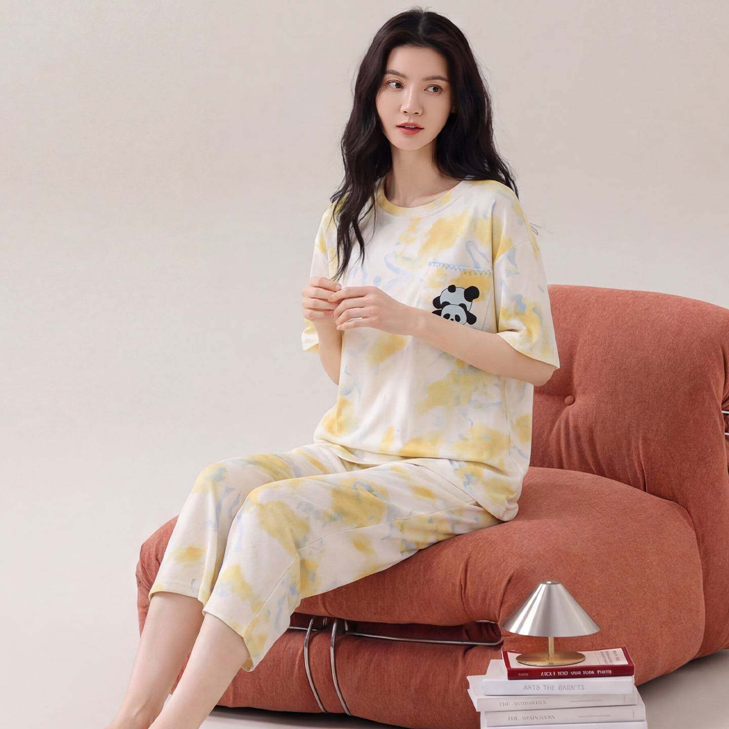 官方正品2026新款纯棉睡衣女夏季带胸垫短袖七分裤卡通可爱宽松休