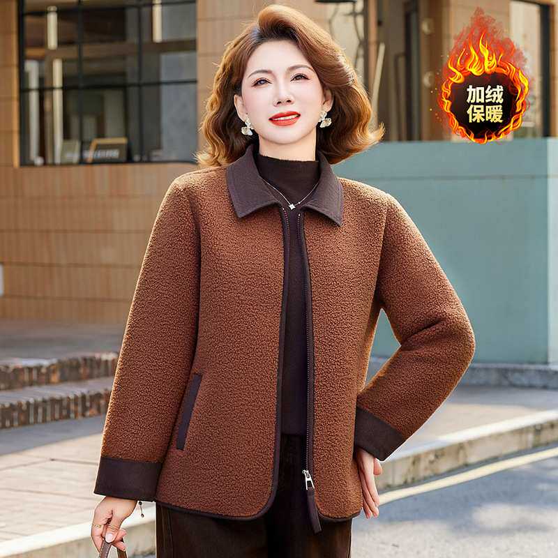 官方正品时尚休闲加绒棉衣妈妈装外套简约大方中年女装颗粒绒轻暖