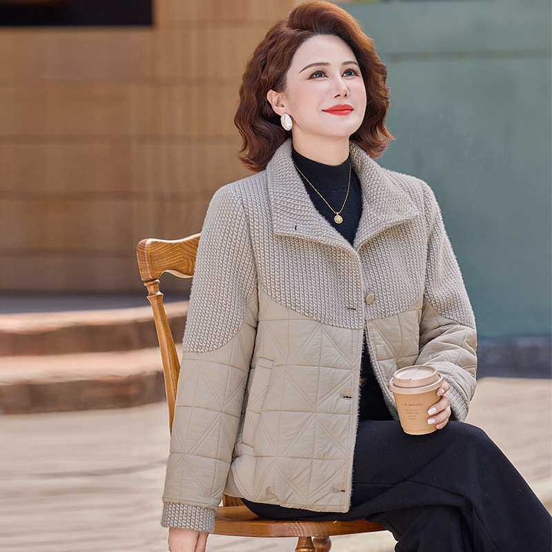 官方正品时尚拼接短款棉服女2026冬季新款中年女装宽松显瘦加绒棉