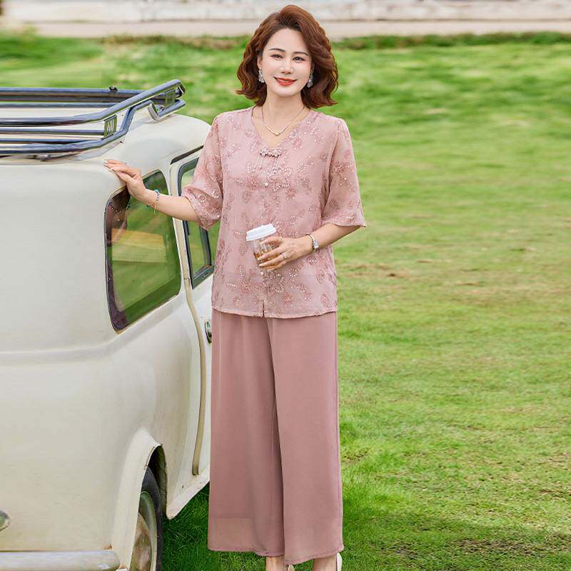 官方正品妈妈装夏装套装2026新款中老年女装夏季新中式短袖雪纺小