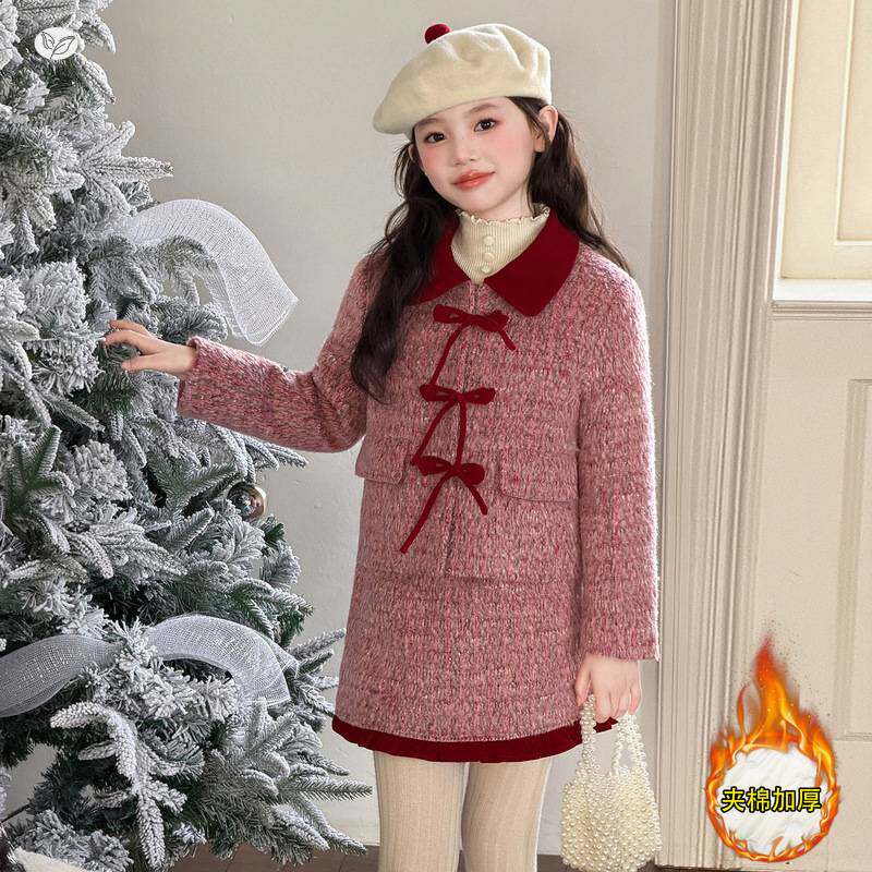 官网正品女童小香风套装夹棉加厚2025冬季新款中大童撞色新年服两