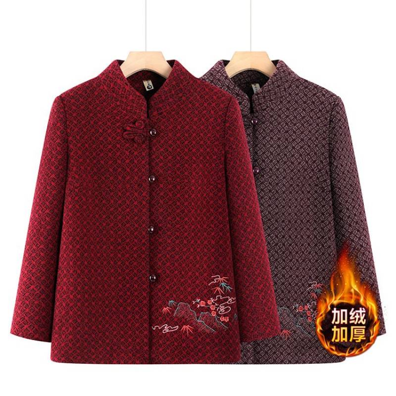 官网正品洋气老太太新款毛呢妈妈春秋外套加绒奶奶秋冬唐装上衣老
