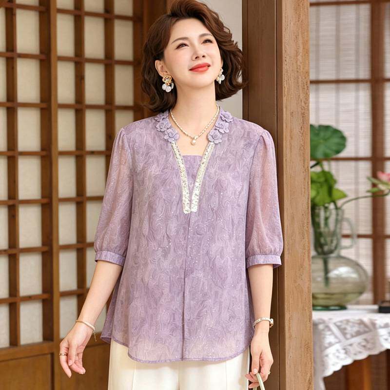官方正品妈妈夏装宽松雪纺小衫2026新款轻薄透气洋气减龄中年女装