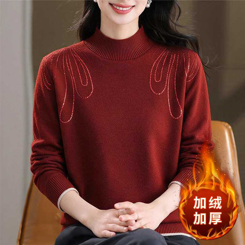 官方正品高档中老年女装秋冬加绒打底衫时尚印花针织衫大码通勤妈