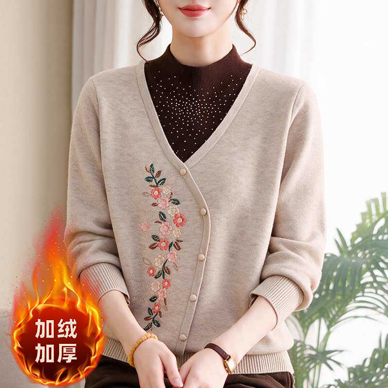 官方正品高档妈妈一体绒针织毛衣2026秋冬新款50多岁中年女装加厚