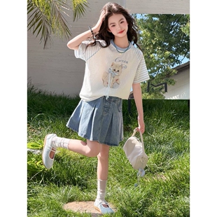 官方正品女童夏装套装裙子2026新款洋气夏季女孩牛仔裙儿童短裙大