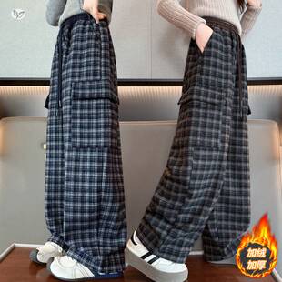 官网正品女童加绒工装裤2025年秋冬新款休闲格子阔腿裤中大童冬装