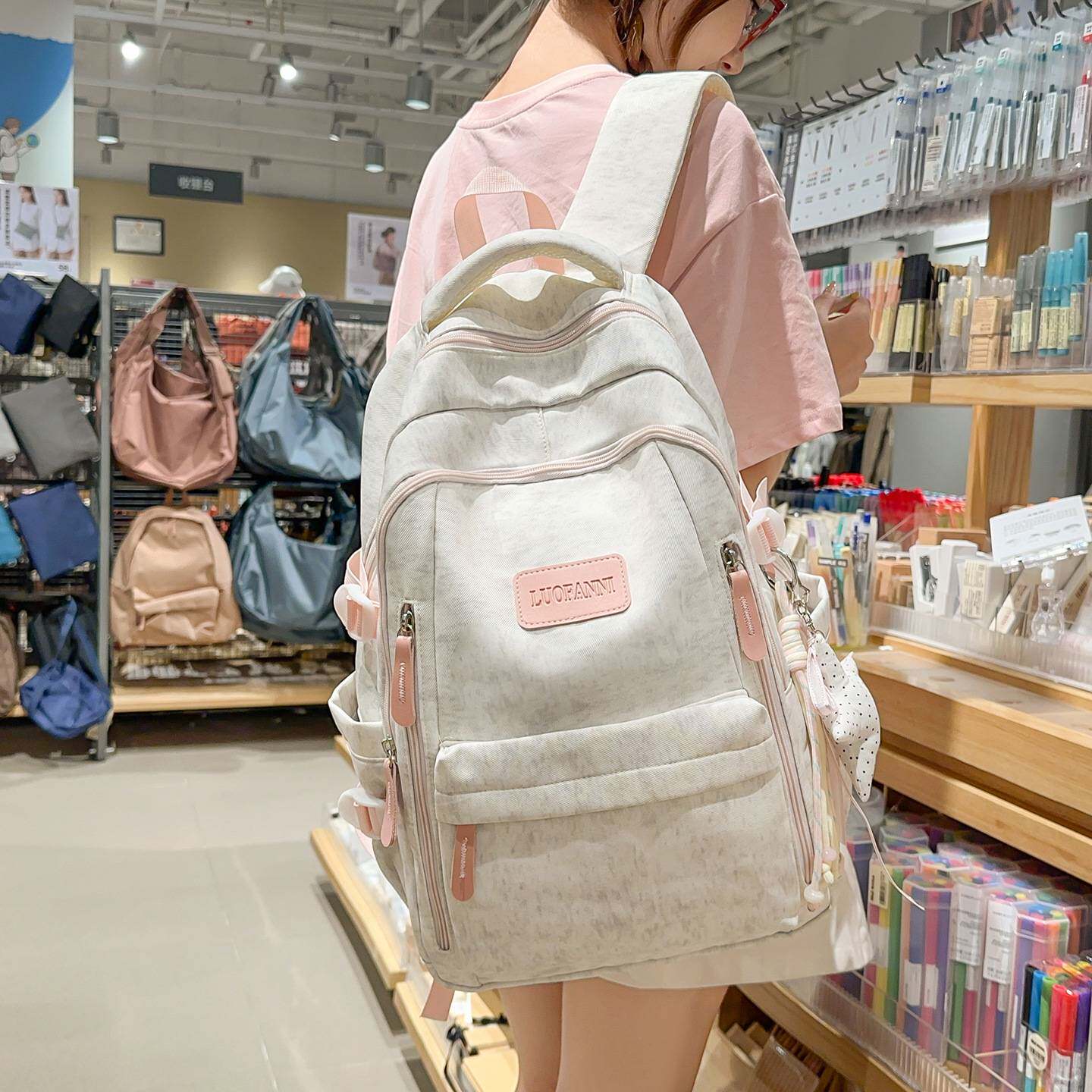 官方正品浅调麻灰温柔撞粉双肩包低调耐看韩系氛围感初高中女生上