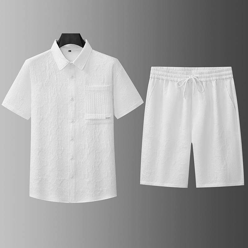 官方正品轻奢大码男装夏季冰感透气简约百搭休闲衬衫短袖短裤两件