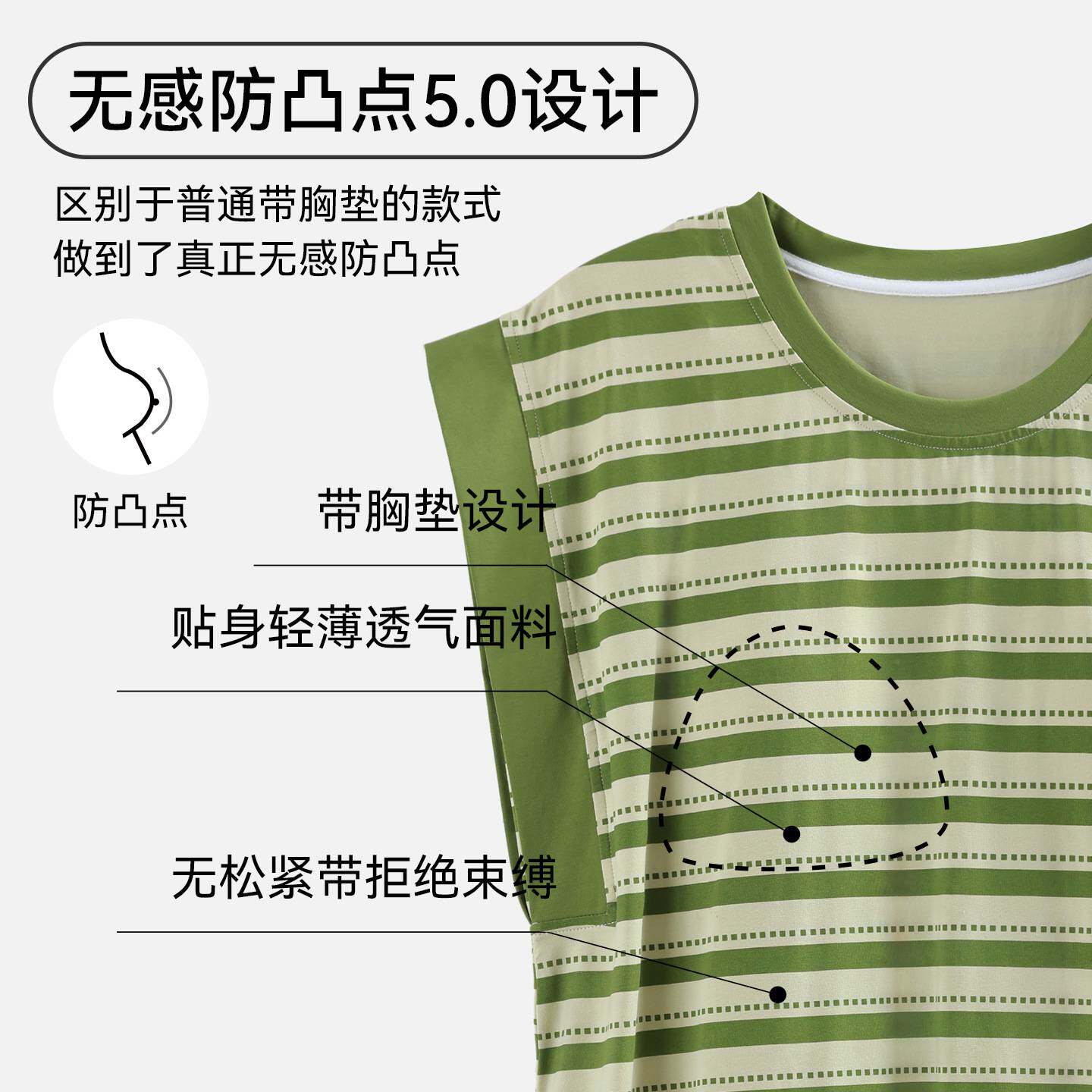 官方正品睡裙女夏季带胸垫2026新款绿色条纹卡通背心连衣裙睡衣长