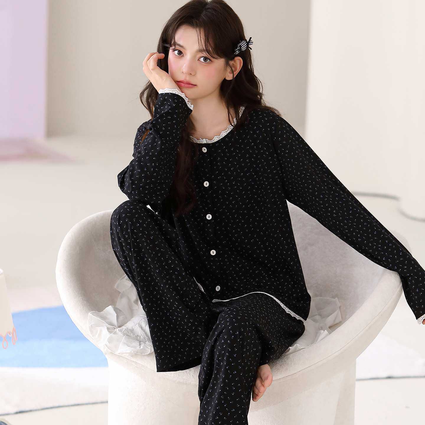 官方正品100%纯棉睡衣女款长袖秋冬季新款少女士蕾丝波点可外穿家