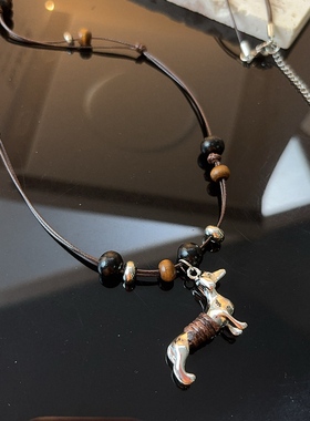 波西米亚风串珠项链金属小狗吊坠长款高级感手工编织毛衣链配饰