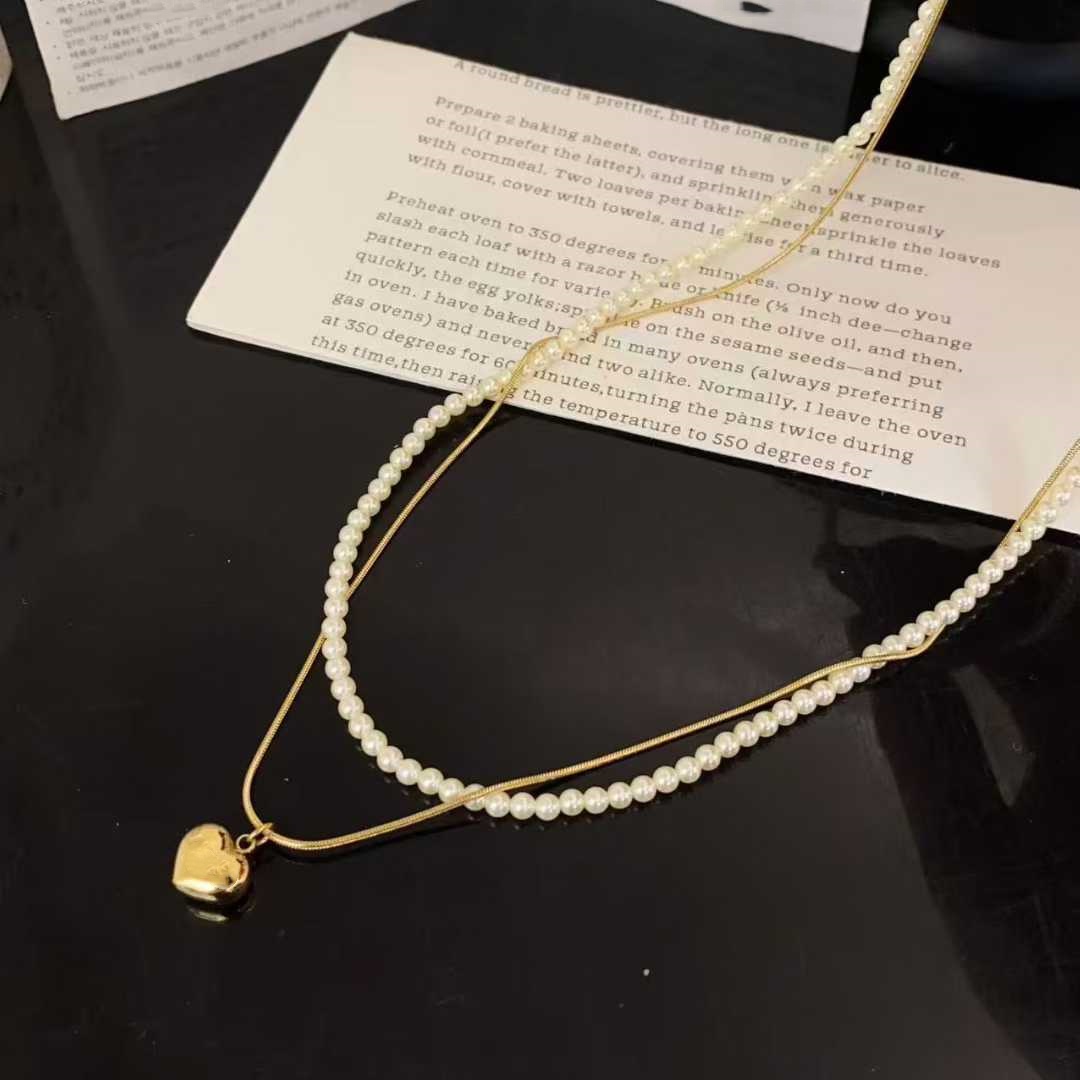 轻奢法式复古宫廷风双层珍珠项链金色爱心吊坠优雅气质锁骨链