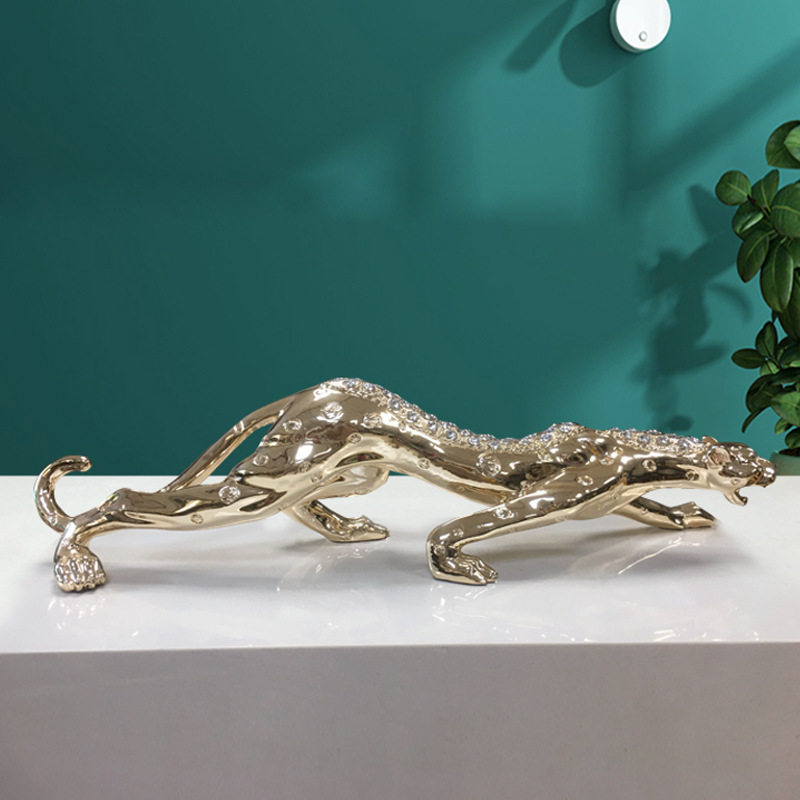 实心80长钻石大号金钱豹摆件树脂豹子工艺品欧式电镀家居饰品