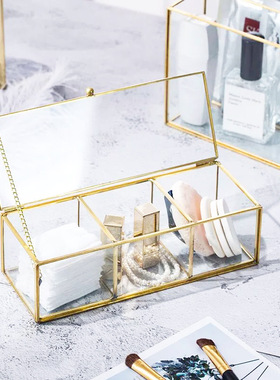 复古铜边玻璃化妆棉盒 棉签盒葫芦粉扑收纳盒 透明金古铜化妆盒