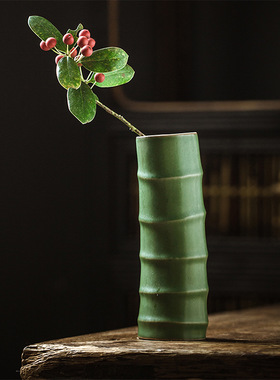 绿色陶瓷仿竹子花瓶花插中式样板房家居软装配饰创意插花竹筒花器