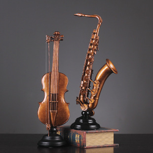 复古小提琴萨克斯创意摆件书房家居客厅装 欧式 饰品树脂工艺品摆设