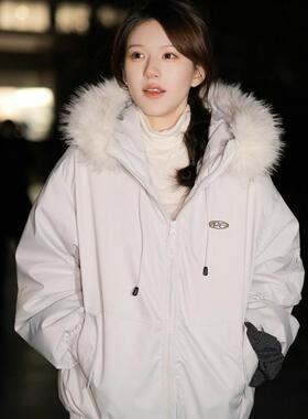 2025新款大毛领工装羽绒棉服女冬季保暖加绒加厚明星同款棉袄外套