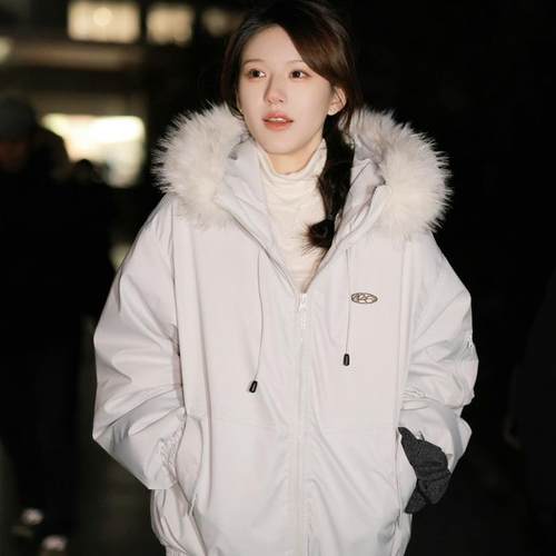 2025新款大毛领工装羽绒棉服女冬季保暖加绒加厚明星同款棉袄外套