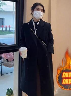 黑色毛呢外套女中长款冬季2025韩版赫本风小个子加棉加厚呢子大衣