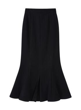 毛呢鱼尾裙女开叉秋冬季新款高腰显瘦中长款包臀裙黑色半身长裙子