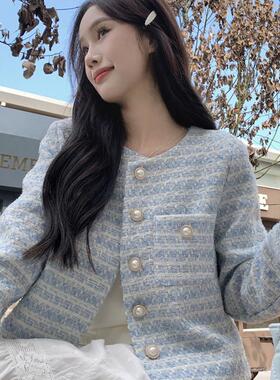 法式小香风珍珠扣短款外套女秋季2025新款长袖宽松圆领小个子上衣