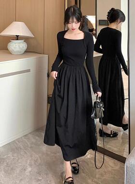 法式赫本风长袖方领连衣裙子女秋季2025新款气质修身高级感小黑裙