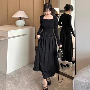 法式赫本风长袖方领连衣裙子女秋季2025新款气质修身高级感小黑裙