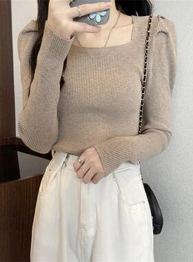 方领打底衫女2025秋冬新款针织锁骨低领毛衣短款黑色泡泡袖上衣潮