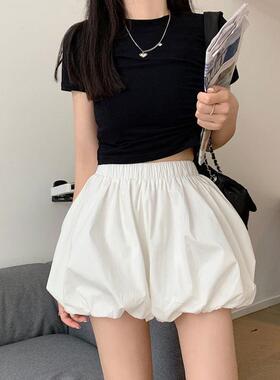 韩系花苞蓬蓬百搭短裤女春季2025新款小个子黑色高腰阔腿休闲裤子