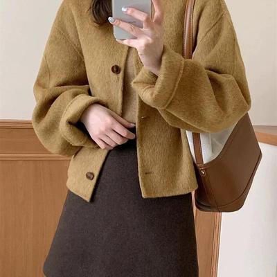 圆领短款2025秋冬新款韩系廓版长毛小个子双面羊绒大衣女保暖外套