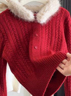 毛领可拆~圣诞节新年红色毛领针织衫女秋冬新款修身显瘦麻花毛衣