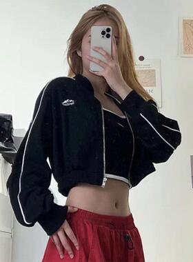 美式辣妹休闲运动小个子外套女秋季宽松显瘦复古黑色短款开衫上衣