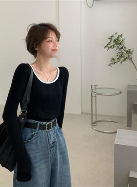2025早秋新款修身长袖T恤女装锁骨内搭打底衫短款甜辣学生上衣潮
