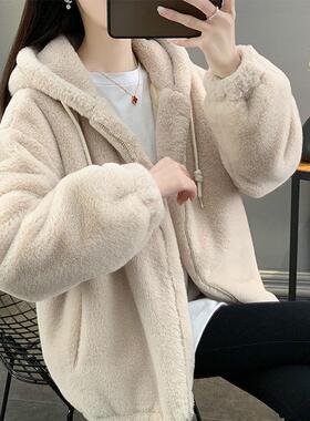 2025年冬仿懒兔毛皮草女中长款宽松加厚羊羔毛大衣连帽毛毛绒外套