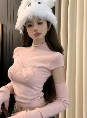 辣妹袖套针织衫女装秋冬设计感半高领内搭打底衫修身显瘦纯欲上衣