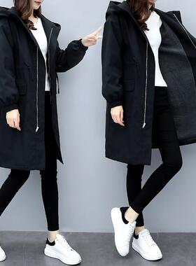 跨境加绒棉衣女中长款2025秋冬宽松加厚风衣连帽大码黑色棉服外套