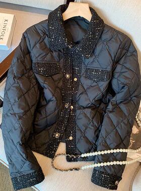 黑色小香风菱格棉服女2025冬季新款法式复古气质短款轻薄棉衣外套