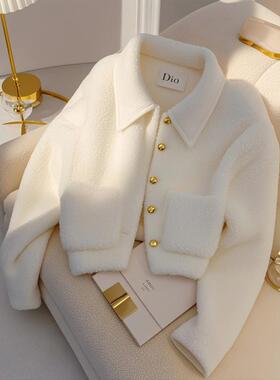 小香风白色羊羔毛外套女2025秋冬新款一体加厚保暖高级感夹克上衣