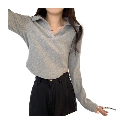 百搭修身POLO领打底衫上衣秋季纯色短款不规则长袖T恤女