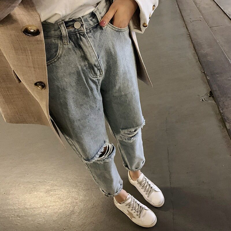 women clothes九分破洞高腰牛仔裤女装夏季百搭显瘦宽松浅色直筒