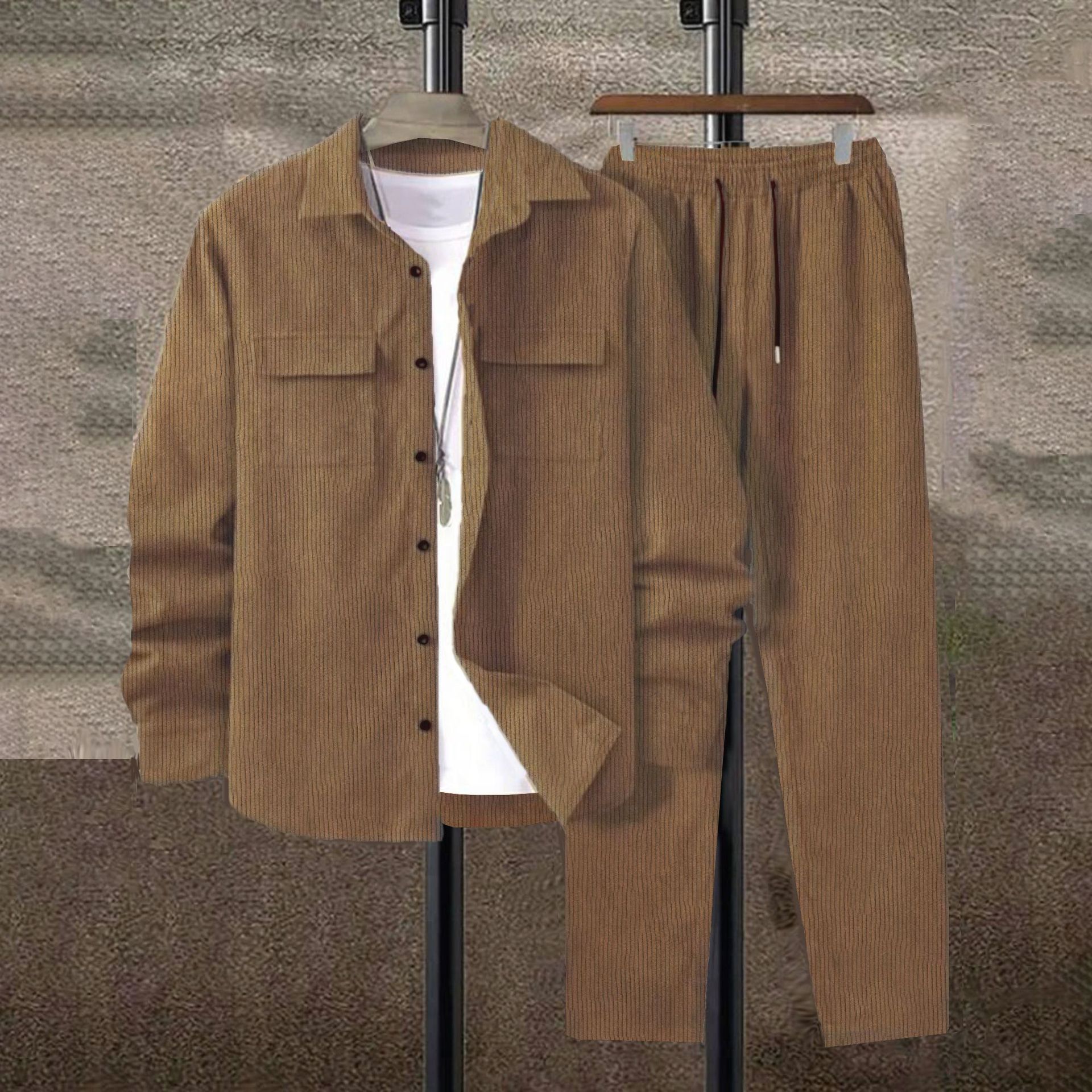 men clothes新款纯色系带运动痞帅高级感套装简约休闲男士灯芯绒