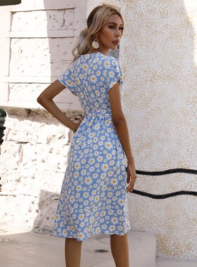 V-Neck Short Sleeve Printed Waist Slit DressV领印花连衣裙女