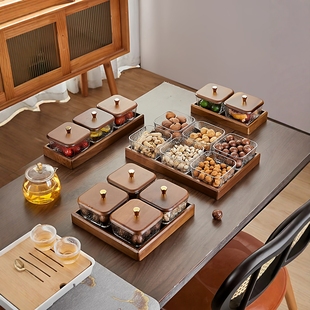 チュシンミ 胡桃木水果盘零食盘轻奢高档玻璃茶几糖果分格干果盘