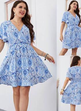 fat lady short dresses 夏款印花蓝色短裙大摆型大码气质连衣裙