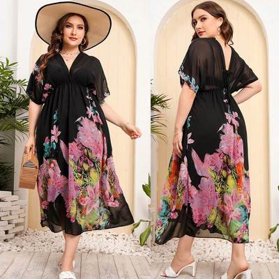 Plus size women deep V neck beach dress long boho dresses 裙