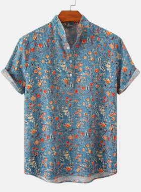 Hawaiian Shirt Men Half Placket Collar Beach Shirt Vacation