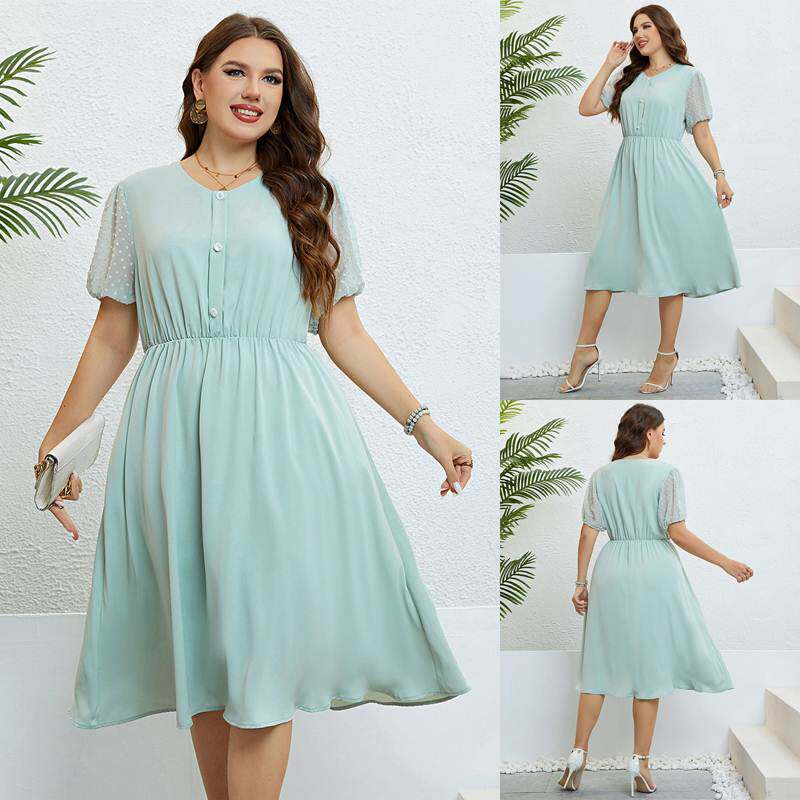 plus size summer dresses women 夏季淡绿色圆领收腰显瘦连衣裙