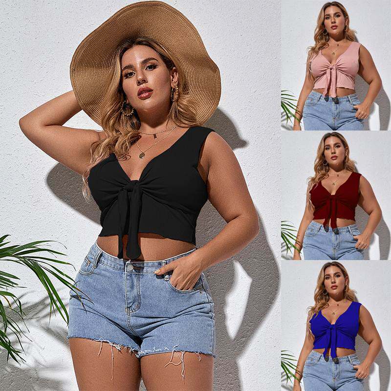 summer vest 2022夏季新款性感超短系带女T恤 欧美大码纯色上衣